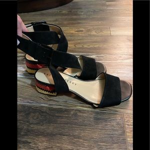 Buckle Katy Perry Suede Ankle Strap Heals with Buckle, Red & Yellow Heels 8M